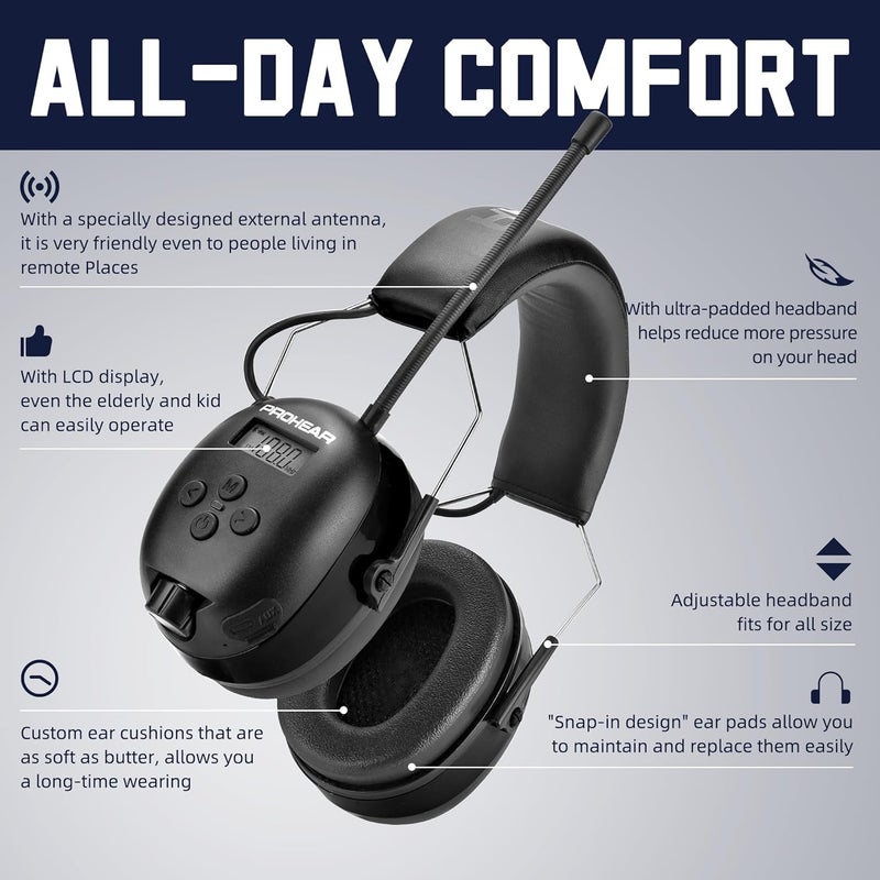 PROHEAR 033 Upgraded Bluetooth 5.4 Hearing Protection Headphones with FM/AM Radio, OSHA-Compliant 25dB NRR Safety Earmuffs, Rechargeable 48H Playtime for Mowing, Workshops and Snowblowing – Black - Image 5